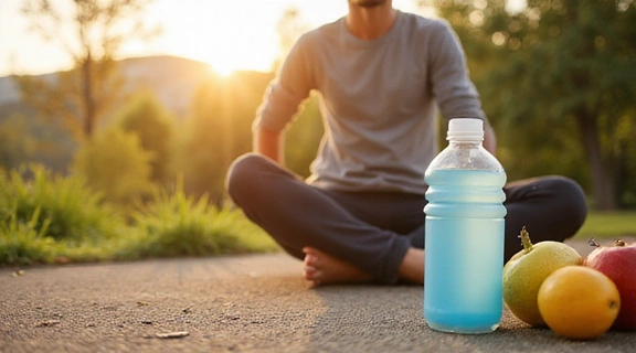 Una persona haciendo ejercicio al aire libre, con una botella de agua y frutas.
