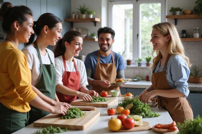 Grupo de personas sonrientes participando en un taller de cocina saludable, con un nutricionista guiándolos