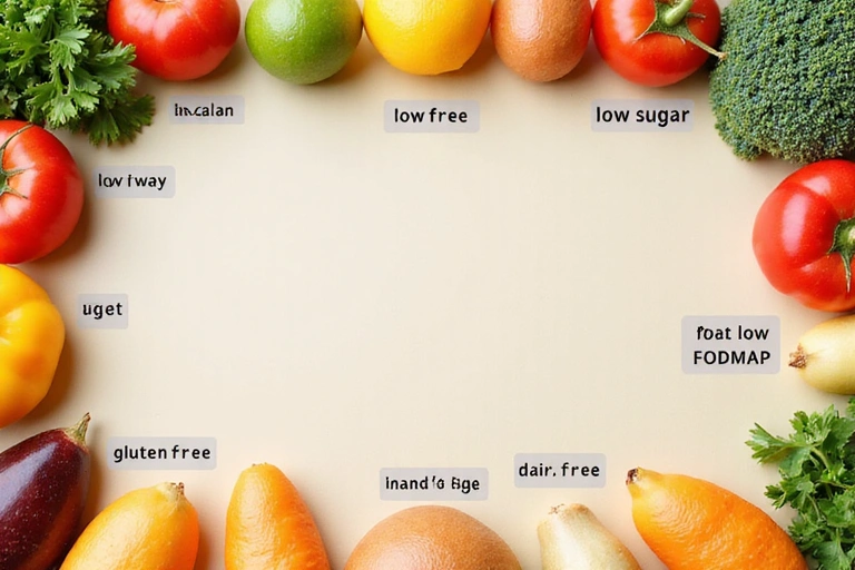 Variedad de alimentos saludables con etiquetas que indican su idoneidad para diferentes condiciones de salud, como 'sin gluten' o 'bajo en azúcar'