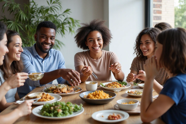Grupo de personas diversas compartiendo una comida saludable y riendo.